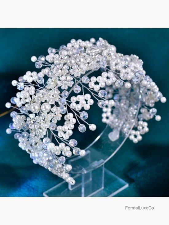 Crystal Pearl Flower Hairband Wedding Headpiece with Rhinestones Handmade main image 6